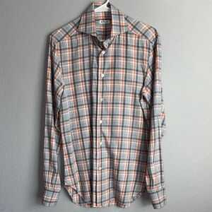 Kiton Gray and Orange Plaid Button Down Shirt